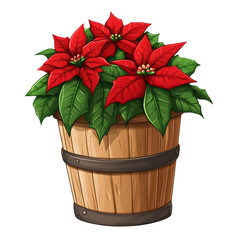 Poinsettia in Wooden Pot: A vibrant, red poinsettia plant blooms in a rustic wooden pot, a classic symbol of Christmas cheer and holiday spirit.