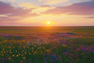 Drone shot of a vast, open field of wildflowers at sunset.