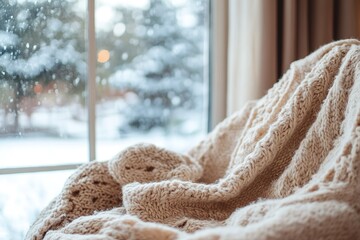 Cozy knitted blanket on windowsill with winter view.