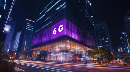 Illuminated 6G Projection on Smart City Building Facade Representing High-Speed Connectivity
