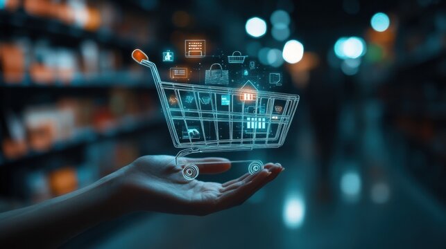 A hand grasps an abstract shopping cart representing online shopping, illuminated by ambient light in a contemporary retail setting. Generative AI