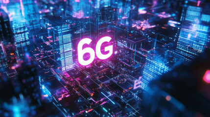 Fototapeta premium Futuristic 6G Smart City Grid with Holographic Connectivity Visualization