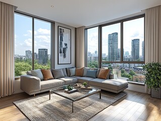 Fototapeta premium A detailed 3D rendering of a modern minimalist living room interior. Features a comfortable gray sofa with decorative cushions in muted pastel colors like blush pink and soft teal.
