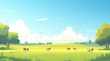 Fototapeta premium Farm background featuring lush green fields, grazing cows, and a clear blue sky, isolated on white