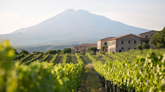 Mt Etna View Over Sicilian Countryside and Vineyards