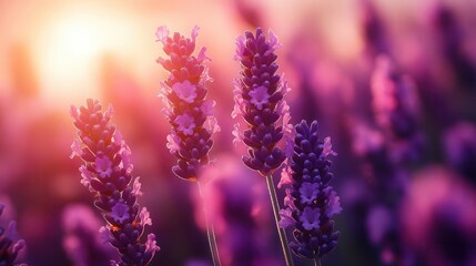 Obraz premium beautiful lavender field stretches in soft light, with vibrant blossoms creating a serene atmosphere. this idyllic scene invites tranquility and relaxation, showcasing nature's beauty