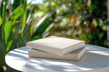 On a white table outdoors two beige  books with texture   