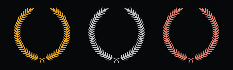 Laurel wreath of victory icon, set of gold, silver, and bronze medals on black background, laurel frame ranking decoration. Vector illustration