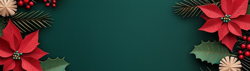 A festive arrangement of red poinsettias and greenery on a dark green background, perfect for holiday decorations and cards.