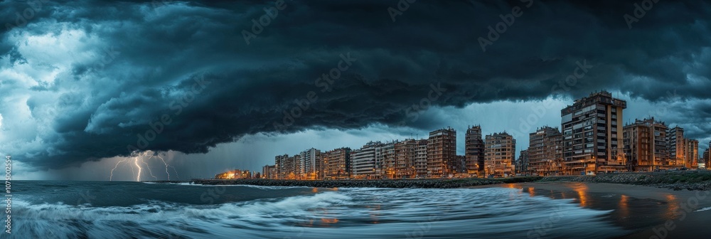 Poster dark clouds gather over the coastline while lightning strikes, casting an eerie glow on the building