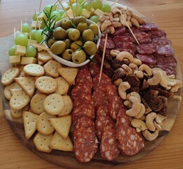 Appetizer Platter with Salami, Olives, and Crackers