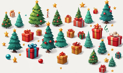 3D cartoon icon set with Christmas tree, stars, fir tree, and gifts on white background.