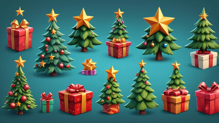 Holiday-themed 3D icons featuring Christmas trees, stars, and gifts.
