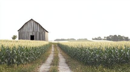 Obraz premium Farm setting with crops, old wooden barn, and open fields stretching into the distance, isolated on white