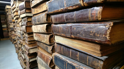 Fototapeta premium Antique Bookstore Corner Filled with Rare and Old Books, Showcasing Intricate Spines and Timeworn Covers in a Charming, Cozy Setting