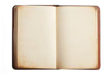 Naklejka premium Open vintage book with blank pages old paper leather cover isolated transparent background