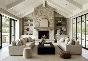 Obraz premium the living room in an new modern farmhouse with light grey walls, white ceiling and wooden floors