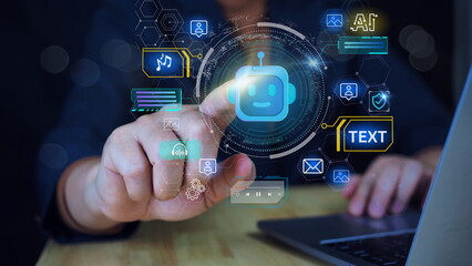 hands typing on laptop, AI chat bot and creative services Show future technology for entering command to create something. To help and improve work efficiency.