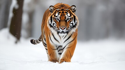 Fototapeta premium A majestic tiger walks through a snowy forest, its orange and black stripes contrasting with the white backdrop.