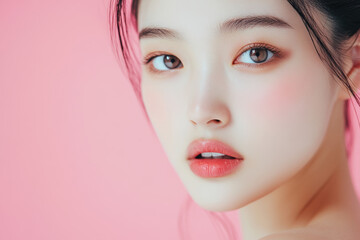 Fototapeta premium Close-up portrait of a woman with flawless skin, pink cheeks, and natural makeup, set against a pastel pink background.