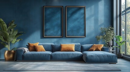 Fototapeta premium blank poster set against a stylish blue living room background, featuring modern decor elements, providing a versatile canvas for unique designs and creative expressions