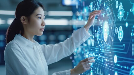 Asian female scientist in a white lab coat engaging with a high-tech holographic interface, conducting research or data analysis in a modern laboratory setting.