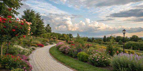 Obraz premium A winding stone pathway through a lush garden with vibrant blooms and a single lamppost casting a warm glow against a backdrop of fluffy clouds.