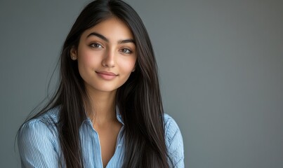 Obraz premium Portrait of a beautiful woman with long brown hair wearing a blue striped shirt against a grey background, smiling and looking at the camera