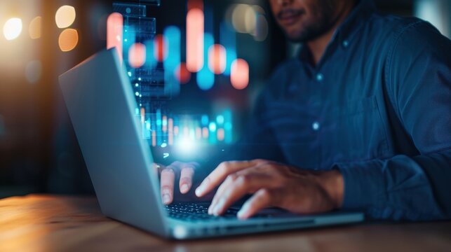 business analyst's hands typing on a laptop with a stock market chart overlay, indicating financial analysis and market tracking.