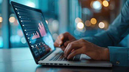 financial analyst's hands using a laptop to examine bar charts and data visualization, indicating economic analysis in a modern office.
