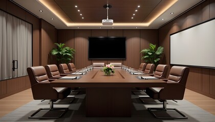 Fototapeta premium An elegant and modern conference and boardroom with a spacious layout, centered around a long, rectangular table crafted from dark wood.