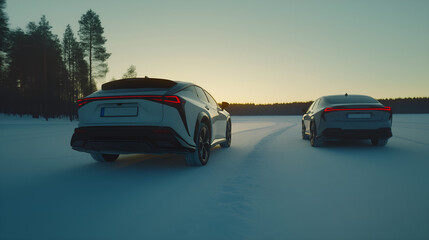 Two white electric cars driving on a snowy road at sunset in a winter landscape, surrounded by a forest.