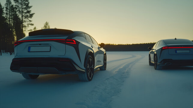 Two white electric cars driving on a snowy road at sunset in a winter landscape, surrounded by a forest.