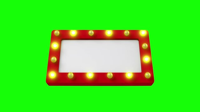 Close up empty red sign mock up with blinking light bulbs, Low angle front view shot, isolated black and green screen background, 3D seamless looping animation.