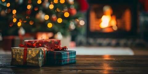 gift under a Christmas tree against the background of the fireplace