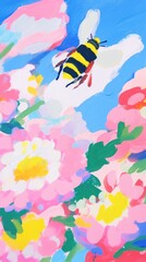 Fototapeta premium Bee with flowers painting art backgrounds.