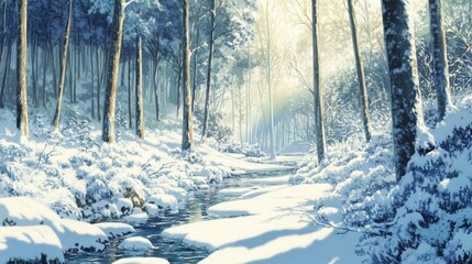 Serene Winter Landscape Featuring Snow-Covered Trees and a Flowing Stream in a Tranquil Forest Setting, Illuminated by Soft Natural Light