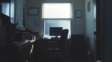 Empty Office Desk with Computer and Chair by Window