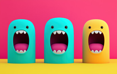 Fototapeta premium Vibrant and playful image featuring three colorful cartoon monsters with open mouths against a bright pink and yellow background.