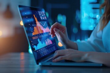 A business analyst interacts with vibrant data visualizations on a laptop screen, working in a dark office environment with futuristic ambiance.