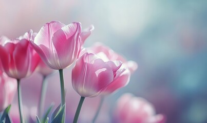 Obraz premium Pink tulips blooming softly, delicate petals, blurred pastel background