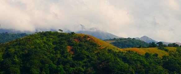 Panorama na tropikalny góry i gęstą mgłę. Przepiękny widok na wysokie góry i tropikalne...
