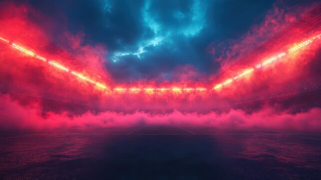 bright stadium arena illuminated by vibrant lights and enveloped in smoke, creating a thrilling atmosphere of excitement and anticipation for a live event or performance