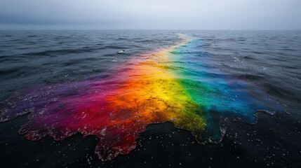 Naklejka premium Rainbow Oil Spill on Ocean Surface: An Aesthetic View of Environmental Disturbance with Vivid Colors and Tranquil Waters Captured in Stunning Detail