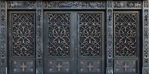 Traditional black folding door and window antique with arabic ornament wood frame pattern on white background 