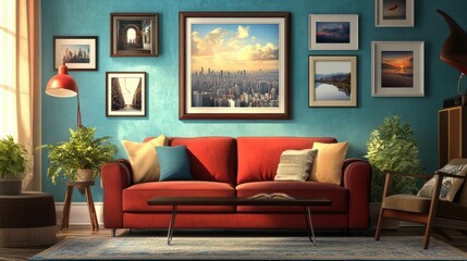 Cozy Living Room with Vibrant Blue Walls and Stylish Decor Featuring a Red Sofa, Framed Pictures, Indoor Plants, and Warm Lighting for Inviting Atmosphere