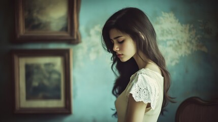 Fototapeta premium Serene Portrait of a Young Woman in Soft Natural Light with Vintage Background and Elegant Dress, Capturing a Moment of Reflection and Contemplation