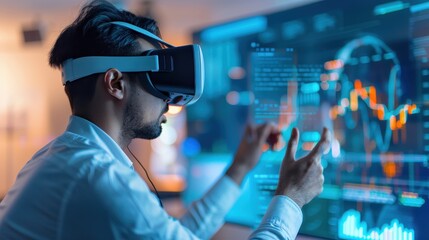 Male analyst wearing a virtual reality headset and interacting with data visualizations in a high-tech workspace, focusing on digital analytics.
