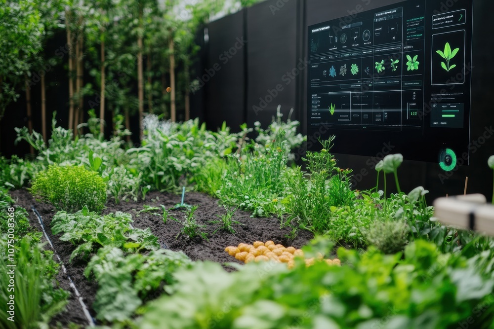 Poster the garden displays healthy plants being nurtured by advanced technology, showcasing automated sprin