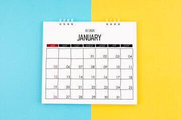 January 2025 calendar on blue and yellow color background.